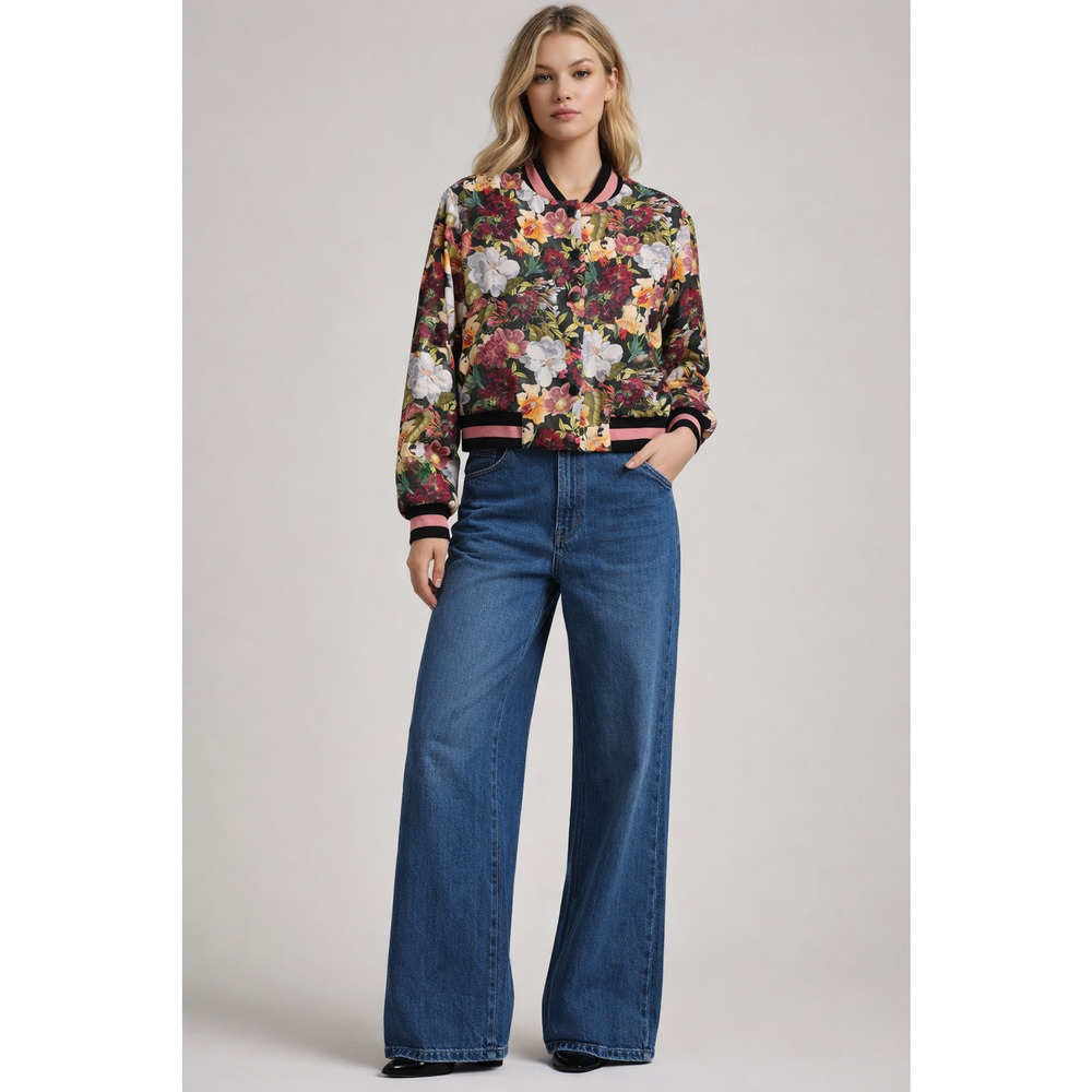Alice + Olivia Keri Floral Varsity Bomber Jacket Faux leather Black pink Size-S